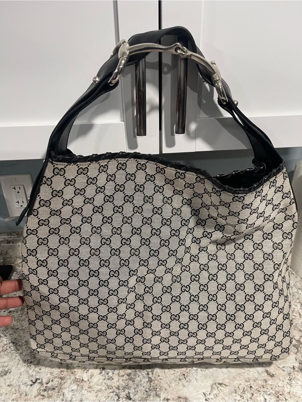 Gucci Beige & Black GG Canvas Hobo with Leather Handle